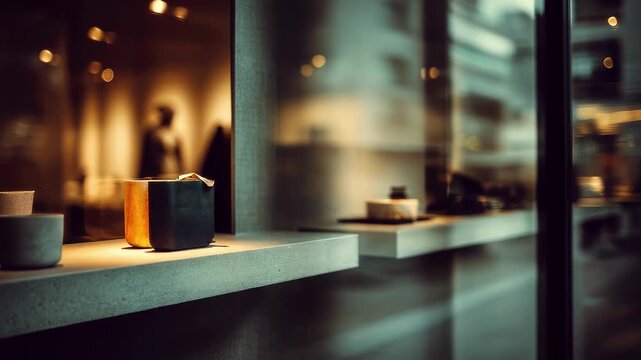 Focused view of a minimalist store window showcasing sleek modern decor and a single featured item while the surrounding glass reflections softly fade out of focus.