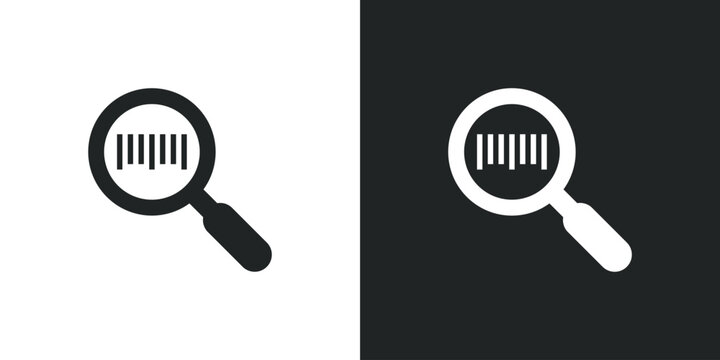 Magnifying glass icon focusing on barcode for product search and retail inventory tracking identification. Solid vector symbol illustration