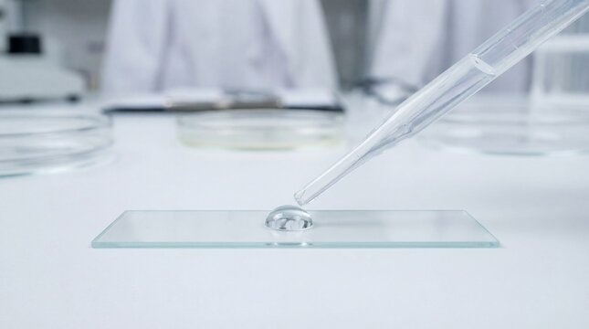 Pipette adding water droplet to glass slide in lab. Macro view of biology research setup for studying pond ecosystem with frogs insects and aquatic flora fauna