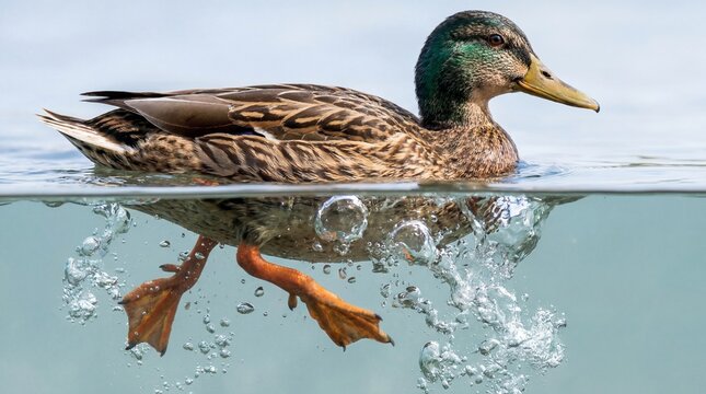Split-level shot of mallard duck swimming in pond. Above and below water view revealing aquatic wildlife. Nature exploration concept for pond fauna and ecosystem studies.