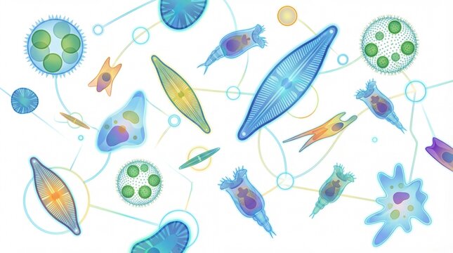 Stylized scientific micrograph of pond microorganisms including protists algae and plankton. Aquatic ecosystem research visualization for biology education environmental studies and freshwater