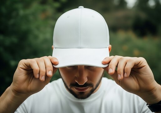 A man holding a plain white baseball cap in front of his face