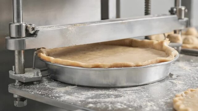 Glutenfree pie crust being formed by automated presses emphasizing the delicate handling and even shaping of allergenfriendly dough for healthconscious baking.