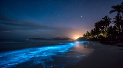 Glowing blue ocean waves crash on a tropical beach at twilight with palm trees and a serene evening sky