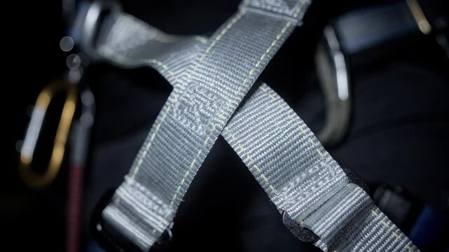Medium frame showcasing reflective safety harness webbing glowing under low light ensuring maximum visibility and protection for nighttime climbing and rescue operations.