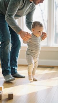 Father helping baby take first steps at home. Loving dad holding toddler hands while walking on wooden floor near window. Family lifestyle and early child development concept