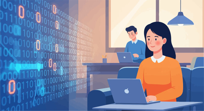 Digital learning people engaging with binary code on laptops
