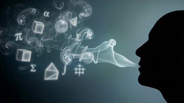 Silhouette of a human head exhaling smoke filled with math symbols and geometric shapes. Abstract concept of education, science, and intelligence. Creative digital animation