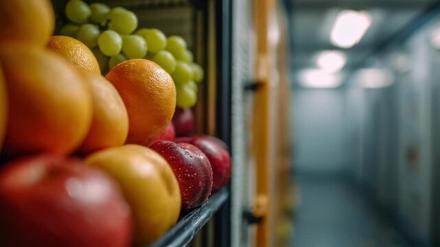 Medium shot capturing ethylenefree storage unit door slightly ajar focused on fresh fruits inside while the surrounding area fades into gentle blur for natural ripening control.