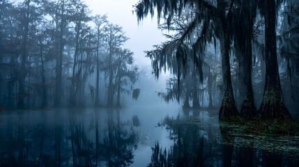 Obraz premium Misty cypress swamp with spanish moss hanging from trees foggy atmosphere and calm water reflection