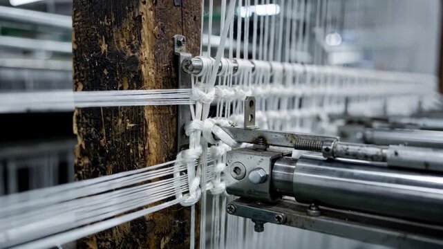 Industrial machine in a medium shot rapidly knotting hightension polyester warp threads to old beams highlighting durability and synthetic fiber processing.