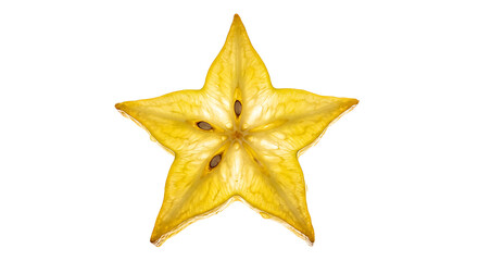 Fototapeta premium Backlit Yellow Star Fruit Slice Isolated on White. Carambola Macro.