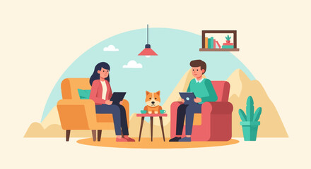 Cozy indoor scene with two people, a dog, and a plant