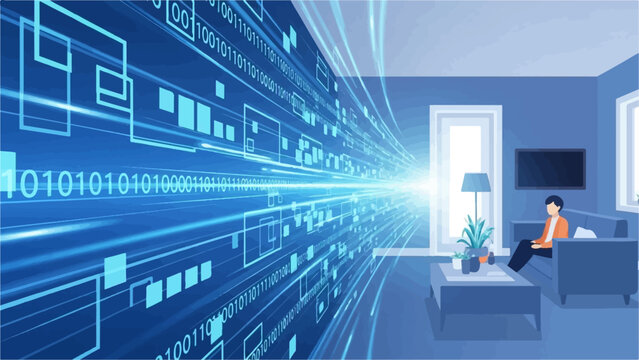 Digital stream of binary code flowing into a room with person on couch