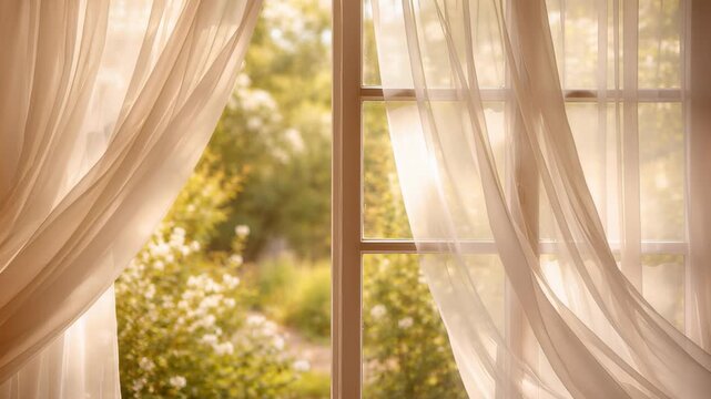 Light, transparent curtains made of tulle fabric waving in the wind from an open window, revealing a beautiful, sunny summer garden with lush green bushes and white flowers blooming outside