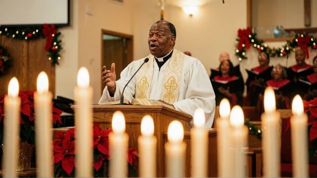 African American priest preaching at a church pulpit during Christmas. Pastor delivering a sermon with candles and choir in the background. Religious holiday service celebration with decor