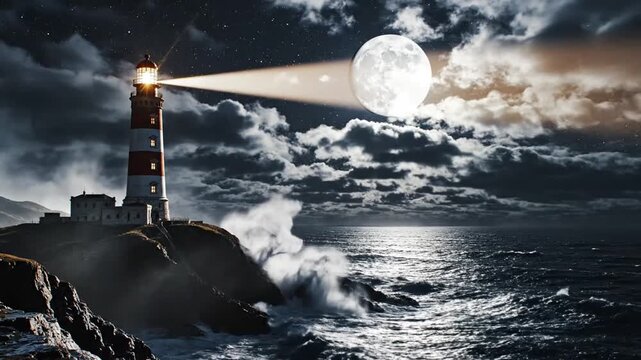 Lighthouse beam lights up a stormy sea under a full moon at night