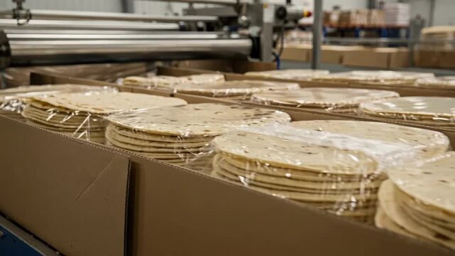 Industrial food packing area showcasing shrinkwrapped stacks of tortillas arranged in lined boxes ready for bulk distribution at a medium distance.
