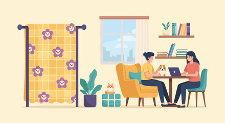 Fototapeta na wymiar Cozy home interior with people and pets by a window