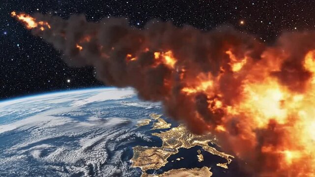 Asteroid Impacting Earth, Cosmic Catastrophe, Space View of Planet