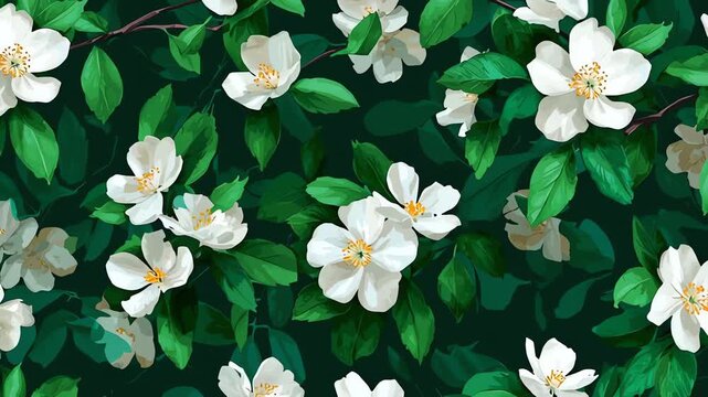 White Flowers on Green Leaves Background.
