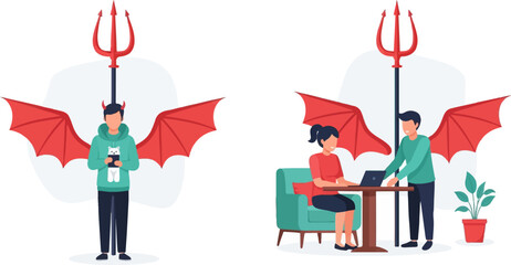 Obraz premium Devilish figures with wings, horns, tridents, and a laptop scene