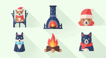 Cute flat illustration of dogs and fires for winter