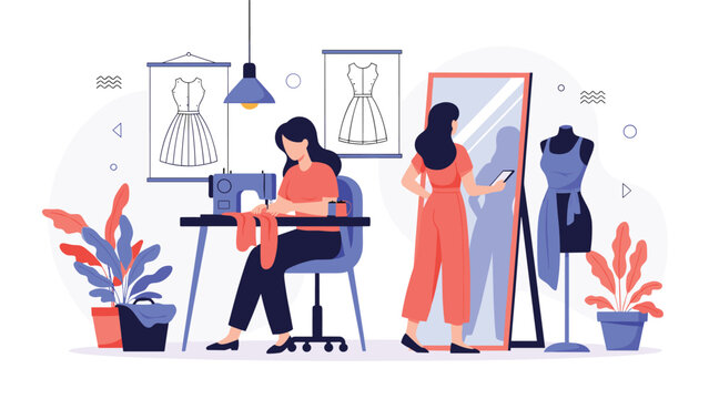 Professional seamstress working at a sewing machine while a woman tries on a dress in a fashion design studio.