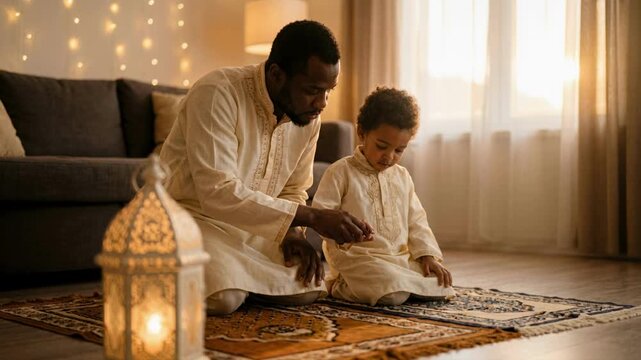 Muslim father and son praying together on rugs at home during Ramadan. African American man teaching child to use prayer beads by lantern light. Islamic family religion concept