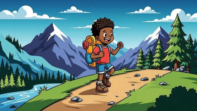 Cartoon Boy Hiking Adventure - Exploring Natures Wonders.