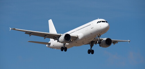 Obraz premium The plane lands. Airplane, passengers flying in the blue sky, preparing to land at the airport