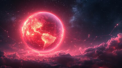 Obraz premium Glowing Red Earth Global Network - Futuristic Technology Communication Concept red glowing network