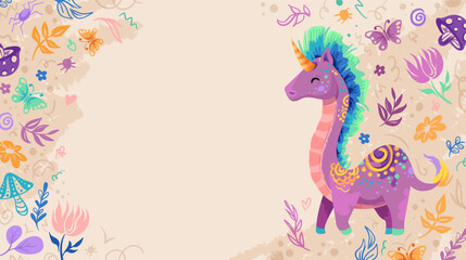 Mythical unicorn creature with rainbow mane in fantasy fairy tale setting. Magical legendary character illustration perfect for children storybook and birthday designs. Vector handdrawn illustration