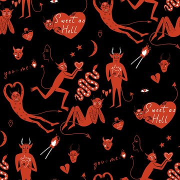 Cute Valentine Devils Seamless Pattern with Hearts in hand drawn style on Black Background