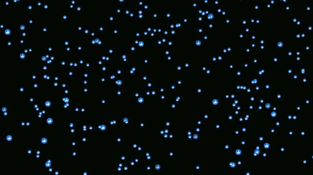 Bright like icons particle floating on black background. Social media like emoji- Flashing glowing like sign are flying in the dark air. Floating like reactions- Social media icons flying upward.