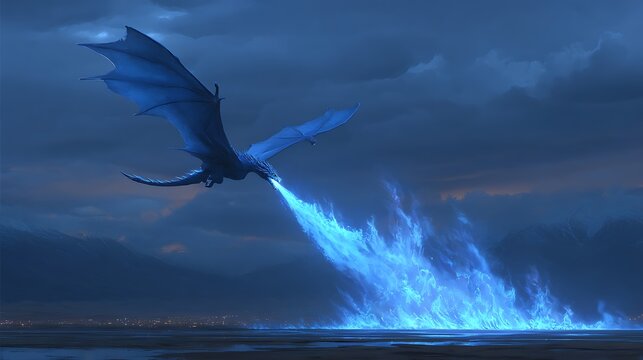 Blue Dragon Flying and Breathing Blue Fire Over Landscape 95fe all8k Photo