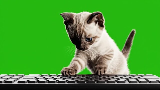 A kitten with striped fur sits at a black computer keyboard against a solid green background