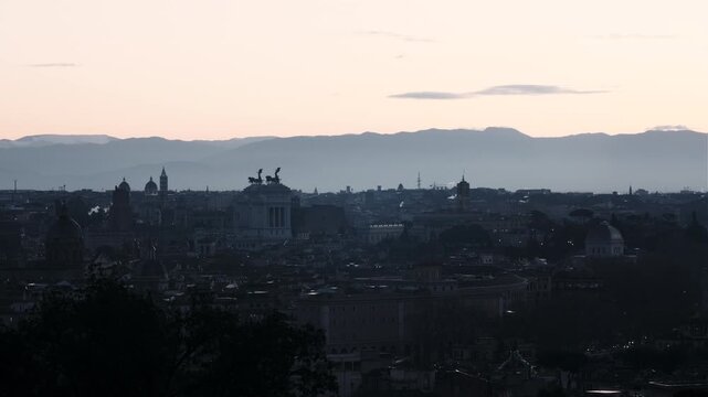 Rome winter skyline at sunrise from Gianicolo with Vittoriano, Campidoglio, Ara Coeli, Synagogue, and Torre delle Milizie