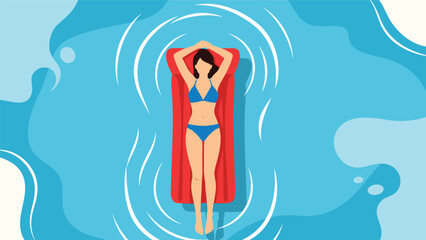 Young woman in a blue bikini relaxing and floating on a bright red inflatable air mattress in clear turquoise swimming pool water.