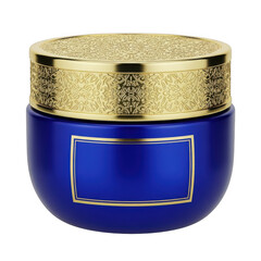 Elegant blue cream jar with gold lid isolated on transparent background