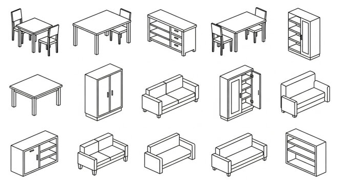 Collection of hand-drawn furniture items in isometric view.