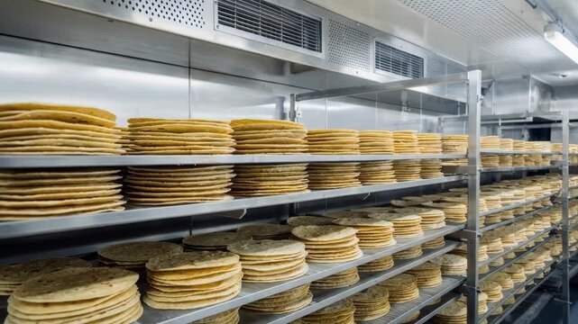 Medium angle view capturing tortillas stacked on overhead racks inside a cooling tunnel highlighting the uniform air circulation and multilevel conveyor system for even temperature
