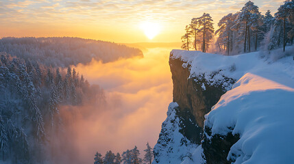 Majestic Winter Sunrise Over Snowy Canyon with Foggy Valley.
