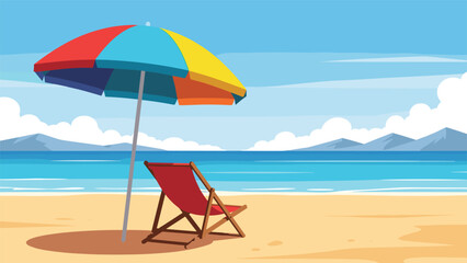 Relaxation scene on a tropical beach featuring a red lounge chair under a colorful rainbow umbrella overlooking a calm blue ocean.