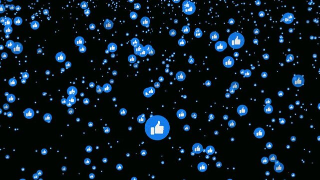 Bright like icons particle floating on black background. Social media like emoji- Flashing glowing like sign are flying in the dark air. Floating like reactions- Social media icons flying upward.