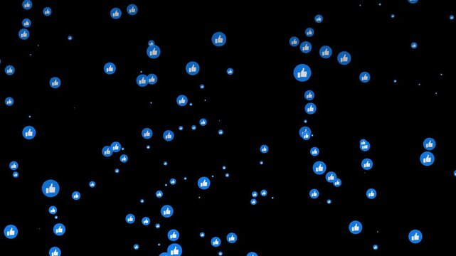 Bright like icons particle floating on black background. Social media like emoji- Flashing glowing like sign are flying in the dark air. Floating like reactions- Social media icons flying upward.