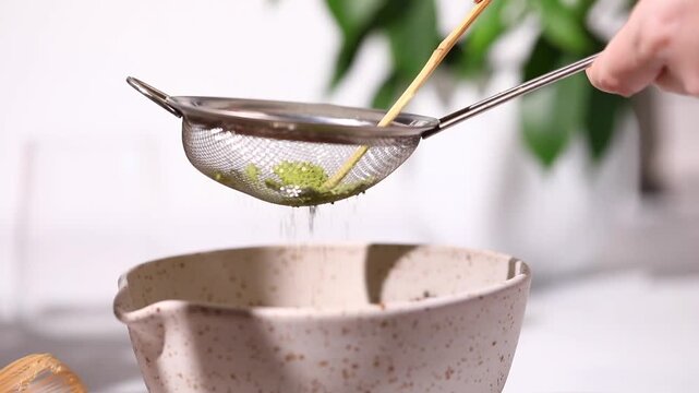 The process of preparing matcha, straining and sifting matcha through a sieve