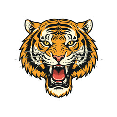 Fierce tiger head with open mouth and sharp teeth on white