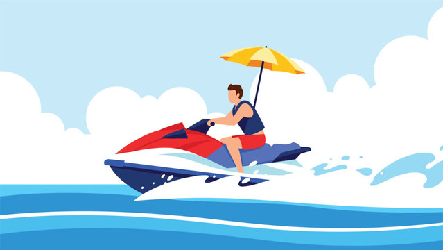 Man riding a blue and red jet ski fast across ocean waves under a bright blue sky with white fluffy clouds.