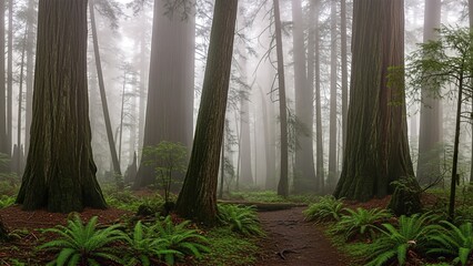 Misty Morning Light Filters Through Ancient Redwood Forest Canopy.